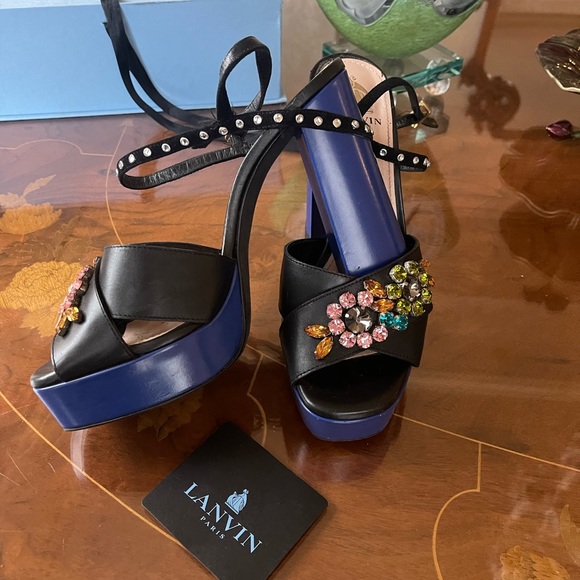 Lanvin Paris women’s platform wedges crystal embellished front sandals s… - Picture 12 of 16